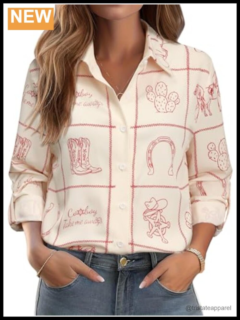 Cowgirl Rodeo Print Button Down Shirt Western Top Polyester